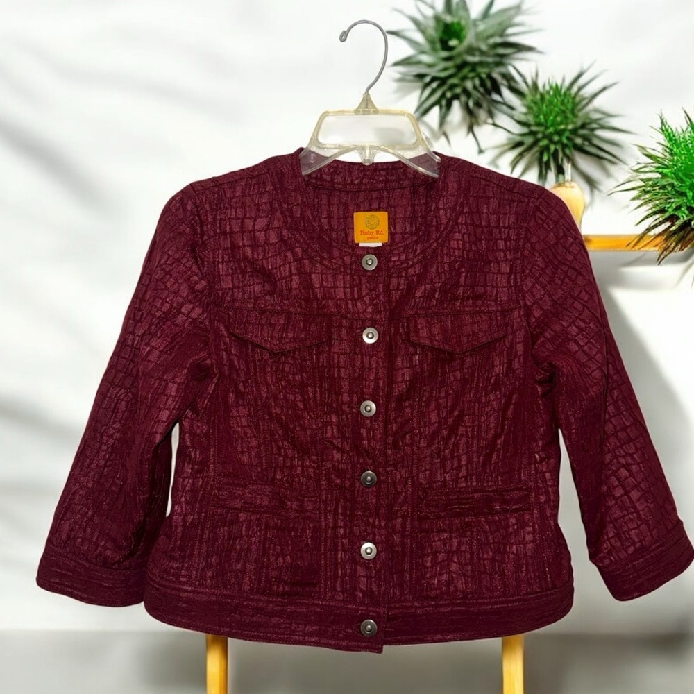 Ruby Rd. Deep Red Petite Crop Style Textured Button Up Denim Style Jacket